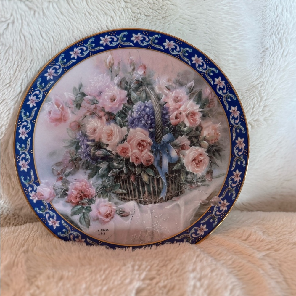 Elegant Floral Plate with Blue Border